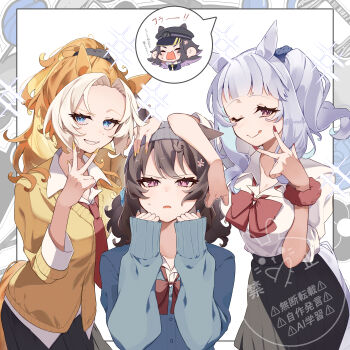 3girls absurdres alternate_costume alternate_hairstyle animal_ears beanie black_skirt blue_cardigan blue_eyes blush bow breasts brown_hair cardigan cleavage closed_mouth forehead gold_ship_(umamusume) grey_hair grey_hat grin gyaru hat highres horse_ears horse_girl horse_tail koroeda6 long_hair multicolored_hair multiple_girls nakayama_festa_(umamusume) necktie open_mouth orange_hair orfevre_(umamusume) ponytail purple_eyes red_bow red_necktie ree_nails shirt sidelocks skirt smile tail tongue tongue_out two-tone_hair umamusume w white_hair white_shirt yellow_cardigan yellow_nails