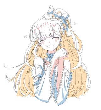 1girl :d ^_^ bare_shoulders blonde_hair blunt_bangs bow closed_eyes commentary_request cropped_torso detached_sleeves earrings facing_viewer hair_bow hands_up highres interlocked_fingers jewelry long_hair long_sleeves mahou_shoujo_no_majo_saiban mole mole_under_eye open_mouth own_hands_together saeki_miria simple_background smile solo tsujiya_okuyasu upper_body white_background