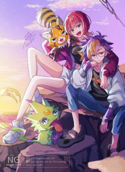 1boy 1girl black_shirt blonde_hair blue_hair blue_pants brown_hair digimon digimon_(creature) digimon_beatbreak gecko gekkomon group_picture highres jacket konagonana medium_hair orange_hair pants pristimon purple_jacket sakuya_reina shirt short_hair shorts sitting stuffed_toy sunset tenma_tomoro white_jacket white_shorts