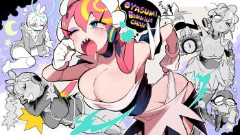 1girl analog_clock blue_eyes blush bomb bommina bommina_the_maidroid breasts character_request cleavage clock closed_eyes collarbone crescent_moon dynamite explosive eyeshadow gashi-gashi gloves highres huge_breasts makeup moon multiple_views one_eye_closed open_mouth panties purple_eyeshadow romaji_text sharp_teeth sleeping speech_bubble teeth thought_bubble time_bomb underwear white_gloves white_panties zzz