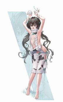 1girl absurdres animal armpits arms_up ass barefoot birch_tree bird bracelet brooch brown_hair cleavage_cutout clothing_cutout clover clover_brooch commentary_request convenient_censoring cosplay double-parted_bangs feet flat_chest goddess_of_victory:_nikke green_eyes green_nails hair_between_eyes hair_ornament highres holding holding_animal holding_bird jewelry knees_together_feet_apart korean_commentary leaf leaf_hair_ornament long_hair messy_hair nail_polish navel open_mouth oversized_clothes pouch ribbon ring see-through_clothes solo strap thigh_cutout tit_(bird) toenail_polish toenails tree tree_print trina_(nikke) trina_(nikke)_(cosplay) trony_(nikke) turtleneck virgin_killer_sweater wide-eyed zoom_layer