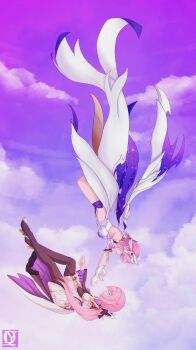 2girls absurdres black_boots black_shrug boots breasts cape catching chailanyiqi chinese_commentary cloud commentary_request corset dual_persona elysia_(herrscher_of_human:_ego)_(honkai_impact) elysia_(honkai_impact) elysia_(miss_pink_elf)_(honkai_impact) gloves highres honkai_(series) honkai_impact_3rd long_hair medium_breasts midair multiple_girls pink_hair purple_eyes purple_sky short_hair shrug_(clothing) sky upside-down very_long_hair white_corset white_gloves