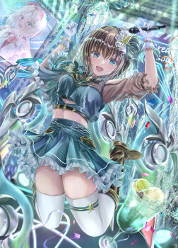 1girl :d absurdres aoi_erika blonde_hair blue_eyes blue_skirt blush boots breasts brown_hair concert confetti crop_top cropped_shirt cup drinking_glass food frilled_gloves frilled_skirt frills fruit gloves glowstick hair_ornament heaven_burns_red highres holding holding_microphone idol idol_clothes jumping kuroe_maruru lemon lemon_slice looking_at_viewer medium_breasts microphone midriff minase_ichigo monitor official_alternate_costume open_mouth puffy_short_sleeves puffy_sleeves ribbon screen see-through_clothes see-through_sleeves short_hair short_sleeves skirt smile solo stage stage_lights star_(symbol) star_hair_ornament thighhighs white_gloves white_thighhighs zettai_ryouiki