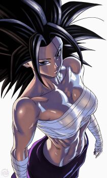 Rule 34 | 1girl, abs, absurdres, bandaged arm, bandaged wrist, bandages, black eyes, black hair, breasts, caulifla, dragon ball, dragon ball super, highres, large breasts, long hair, muscular, muscular female, pants, purple pants, roub3d, saiyan, solo, spiked hair, toned, toned female