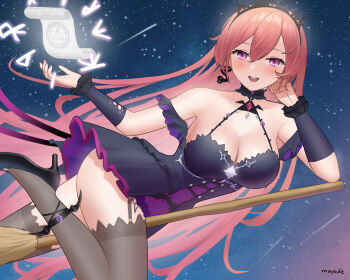 artist_name blush breasts broom broom_riding choker cleavage earrings frilled_sleeves frills hair_between_eyes hand_on_own_face high_heels highres jewelry mayade_art open_mouth orange_hair phase_connect purple_eyes runie_ruse scroll signature sky snake_earrings star_(sky) starry_sky thighhighs tiara virtual_youtuber