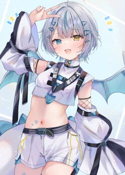 1girl absurdres amauta_sau asobigokoro blue_eyes blue_tattoo blue_wings blush commentary_request commission crop_top detached_sleeves dragon_tail dragon_wings facial_tattoo grey_hair hair_ornament hand_up heterochromia highres long_sleeves looking_at_viewer maruro midriff multicolored_hair navel open_mouth second-party_source short_hair short_shorts shorts skeb_commission smile solo streaked_hair tail tattoo v virtual_youtuber white_shorts wings yellow_eyes
