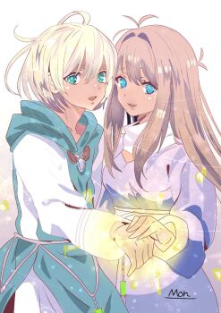 1boy 1girl :d aqua_eyes blue_eyes brown_hair chaos_(xenosaga) commentary_request dark-skinned_female dark-skinned_male dark_skin glowing highres looking_at_viewer mary_magdalene_(xenosaga) mon_7291 open_mouth signature smile spoilers white_background white_hair xenosaga xenosaga_episode_iii