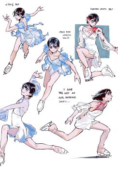 1girl alien_stage badhapple blue_dress blue_eyes commentary detached_sleeves dress english_commentary english_text figure_skating flower grey_eyes hair_bun hair_flower hair_ornament highres ice_skates korean_text multiple_views red_flower see-through_clothes see-through_dress short_hair skates sua_(alien_stage) white_dress