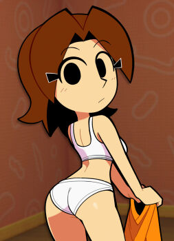 alternate_costume ass black_eyes bra breasts brown_background brown_hair closed_mouth from_behind highres indoors large_breasts long_hair looking_at_viewer looking_back mii_(nintendo) mii_gunner mii_gunner_(smash_ultimate) mob_face nintendo orange_shirt panties scott_falco shirt standing super_smash_bros. underwear undressing white_bra white_panties