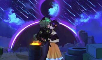 2girls absurdres belle_(zenless_zone_zero) blue_hair caesar_king_(zenless_zone_zero) closed_eyes dress green_hair hair_ornament hand_on_another&#039;s_back highres holding_hands hollow_(zenless_zone_zero) jacket kiss leather leather_jacket mechanical_hands meltted meteor_shower moon multiple_girls ponytail short_hair single_mechanical_hand yuri zenless_zone_zero