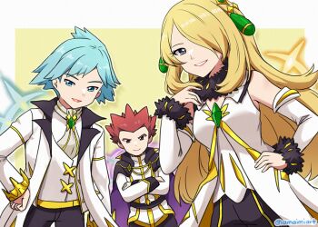 1girl 2boys amaimi blonde_hair border commentary_request crossed_arms cynthia_(arc_suit)_(pokemon) cynthia_(pokemon) detached_sleeves eyelashes gem green_gemstone grey_eyes grin hair_ornament hair_over_one_eye hand_up lance_(arc_suit)_(pokemon) lance_(pokemon) long_hair multiple_boys nintendo official_alternate_costume pants pokemon pokemon_masters_ex shirt smile steven_stone steven_stone_(arc_suit) teeth vest white_border yellow_background