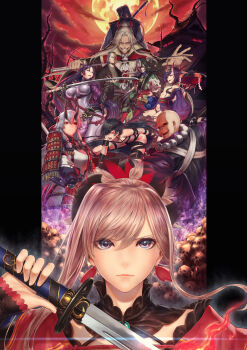 5boys 5girls absurdres amakusa_shirou_(fate) amakusa_shirou_(third_ascension)_(fate) architecture armor ashiya_douman_(fate) bald beads beard black_hair blue_eyes blue_hair bob_cut bodysuit breasts covered_navel cross_scar cup dark-skinned_male dark_skin doujigiri_yasutsuna_(fate) earrings east_asian_architecture eyeliner eyepatch eyeshadow facial_hair fate/grand_order fate_(series) fingerless_gloves fishnets full_moon gloves glowing glowing_eyes gourd grey_hair hair_between_eyes hair_ornament hakama hakama_pants hakama_skirt haori headband high_ponytail highres holding holding_sword holding_weapon horns houzouin_inshun_(fate) japanese_armor japanese_clothes jewelry katana kimono kote large_breasts leaf_earrings long_hair long_sleeves low-tied_long_hair makeup miike_tenta_mitsuyo_(fate) minamoto_no_raikou_(fate) minamoto_no_raikou_(second_ascension)_(fate) miyamoto_musashi_(fate) miyamoto_musashi_(second_ascension)_(fate) mochizuki_chiyome_(fate) mochizuki_chiyome_(first_ascension)_(fate) monk monohoshizao_(fate) moon mugetsu2501 multicolored_hair multiple_boys multiple_girls old old_man oni open_clothes open_kimono pants parted_bangs pile_of_skulls pink_hair ponytail prayer_beads purple_bodysuit purple_eyes purple_hair purple_kimono red_eyes red_ribbon revealing_clothes ribbed_sleeves ribbon sakazuki sasaki_kojirou_(fate) scar shimousa_(fate/grand_order) short_hair shoulder_armor shuten_douji_(fate) skin-covered_horns skirt skull smirk sode suneate sword tabard textless_version tomoe_gozen_(fate) tomoe_gozen_(second_ascension)_(fate) two-tone_hair very_long_hair weapon white_hair white_kimono yagyuu_munenori_(fate)