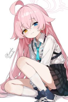 1girl ahoge aqua_necktie arms_between_legs black_skirt blue_archive blush chest_harness commentary_request flower hair_flower hair_ornament halo harness heterochromia highres hoshino_(blue_archive) id_card long_hair looking_at_viewer loose_necktie necktie partial_commentary pink_hair plaid_clothes plaid_skirt school_uniform shirt shirt_tucked_in shoes simple_background sitting skirt smile sneakers socks solo straight_hair tateishi_kureha twitter_username very_long_hair white_background white_shirt white_socks