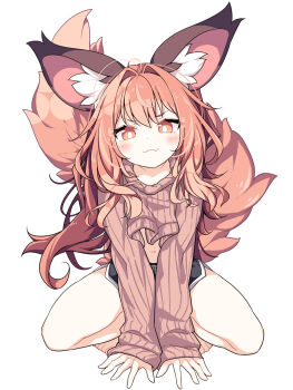 1girl animal_ear_fluff animal_ears barefoot between_legs black_shorts blush brown_eyes brown_hair brown_sweater closed_mouth commentary_request daidai_ookami dolphin_shorts fang fang_out hair_between_eyes hair_intakes hand_between_own_legs highres long_hair long_sleeves navel original ribbed_sweater short_shorts shorts simple_background sleeves_past_wrists smile solo spread_legs squatting sweater tail very_long_hair white_background