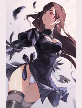 1girl 2b_(nier:automata) 2b_(nier:automata)_(cosplay) black_boots black_dress black_feathers black_gloves black_hair black_thighhighs boots breasts brown_hair cleavage cleavage_cutout clothing_cutout commentary cosplay dress earrings english_commentary falling_feathers feather_trim feathers feet_out_of_frame final_fantasy final_fantasy_vii final_fantasy_vii:_ever_crisis floating_hair glint gloves highleg highleg_leotard highres jewelry juliet_sleeves large_breasts leotard leotard_under_clothes lips long_hair long_sleeves looking_ahead looking_to_the_side nier:automata nier_(series) official_alternate_costume panties parted_lips pink_lips puffy_sleeves red_eyes side_slit single_earring solo thigh_boots thighhighs thighhighs_under_boots thighs tifa_lockhart tifa_lockhart_(battler_ensemble) turtleneck turtleneck_dress underwear upper_body white_leotard white_panties yubuki_i zettai_ryouiki