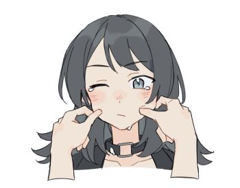 Rule 34 | 2girls, bang dream!, bang dream! it's mygo!!!!!, black choker, black hair, black jacket, blue eyes, cheek pinching, choker, closed mouth, commentary, female pov, hashtag-only commentary, jacket, jenjen, long hair, multiple girls, one eye closed, pinching, pov, shiina taki, simple background, tears, white background, yahata umiri