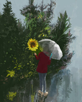 1girl absurdres flower full_body highres holding holding_umbrella original outdoors path plant reflective_floor road slow_d solo sunflower tile_floor tiles translation_request transparent transparent_umbrella tree umbrella wet_floor yellow_flower