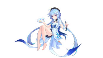 1girl absurdres ahoge barefoot beret blue_hair chinese_commentary commentary_request dress feet flower griseo hair_flower hair_ornament hat highres holding holding_paint_palette holding_paintbrush honkai_(series) honkai_impact_3rd humugo long_hair paint_palette paintbrush purple_eyes short_hair simple_background smile solo toes very_long_hair white_background white_dress
