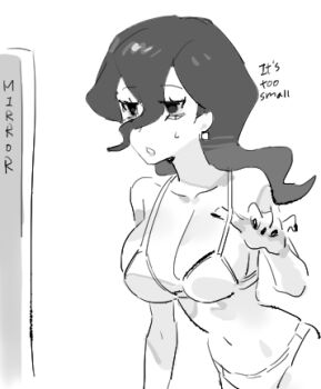 1girl adjusting_bra adjusting_clothes arm_support bags_under_eyes black_hair black_nails bra breasts cleavage collarbone earrings english_text fingernails greyscale hair_between_eyes hex_maniac_(pokemon) hex_maniac_(pokemon_legends:_z-a) jewelry leaning_forward long_hair looking_at_mirror lowres medium_breasts mirror monochrome navel nintendo open_mouth panties pearl_earrings pokemon pokemon_legends:_z-a raine_(acke2445) sideboob simple_background sketch solo sweat underwear wavy_hair white_background