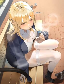 Rule 34 | 1girl, bench, bird, blonde hair, blue nails, bra visible through clothes, breasts, brown eyes, eating, food, goddess of victory: nikke, hair ornament, highres, holding, holding food, holding popsicle, korean text, large breasts, long hair, looking at viewer, melting popsicle, mora (moraippai), nail polish, on bench, outdoors, park bench, pigeon, popsicle, shirt, sitting, thighhighs, tia (nikke), translation request, white shirt, white thighhighs, wooden bench