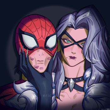 1boy 1girl absurdres artist_name black_cat_(marvel) commentary domino_mask english_commentary eric_tran eye_mask green_eyes grey_hair highres lipstick_mark lipstick_mark_on_face looking_at_viewer marvel marvel_rivals mask mole mole_under_mouth purple_lips spider-man upper_body