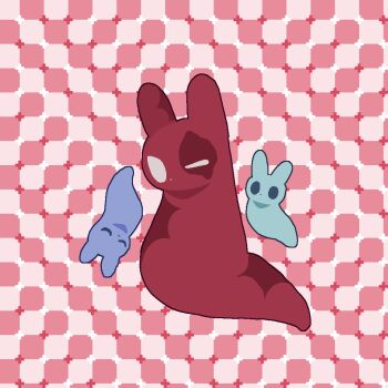 artificer_(rain_world) blue_eyes blue_fur burn_scar chinese_commentary closed_eyes commentary_request creature illness_y910 looking_at_viewer monster no_feet no_hands no_humans no_mouth optical_illusion pixel_art primrose_field_illusion rain_world red_background red_fur scar scar_across_eye scar_on_ear scar_on_face scar_on_hip scar_on_tail slugcat slugpup upside-down white_eyes