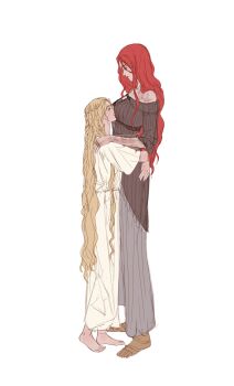 1boy 1girl age_difference barefoot blonde_hair breasts brother_and_sister couple elden_ring face_to_breasts fromsoftware hand_on_another's_shoulder highres hug incest long_hair malenia_blade_of_miquella miquella_(elden_ring) onee-shota onex111x red_hair shota siblings