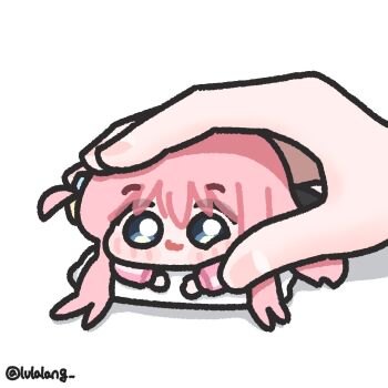 1girl blue_eyes bocchi_the_rock! chibi closed_mouth commentary english_commentary gotoh_hitori highres holding holding_mini_person jacket long_hair looking_at_viewer lulalang lying mini_person minigirl on_stomach one_side_up out_of_frame pink_hair pink_jacket simple_background smile solo_focus white_background