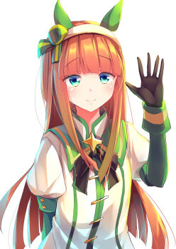 Rule 34 | 1girl, absurdres, animal ears, black bow, black gloves, blue eyes, blunt bangs, blush, bow, brooch, closed mouth, commentary request, ear covers, gloves, green eyes, green sailor collar, green sleeves, hairband, highres, hime cut, horse ears, horse girl, jewelry, kanzakietc, long hair, long sleeves, looking at viewer, orange hair, sailor collar, shirt, silence suzuka (innocent silence) (umamusume), silence suzuka (umamusume), simple background, smile, solo, star brooch, umamusume, upper body, white background, white hairband, white shirt