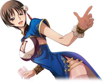 1girl artist_request blush breasts brown_eyes brown_hair chiba_nagisa china_dress chinese_clothes cleavage cleavage_cutout clothing_cutout code_geass code_geass:_lost_stories covered_navel cowboy_shot cropped_legs cup dress drinking_glass dutch_angle female_focus floral_print floral_print_dress flower game_cg gold_trim hair_flower hair_ornament hands_up happy holding holding_drinking_glass light_blush matching_hair/eyes medium_breasts non-web_source official_art open_mouth print_dress shiny_skin short_hair short_sleeves side_slit sidelocks simple_background smile solo standing tassel thighhighs transparent_background white_flower wine_glass wrist_cuffs