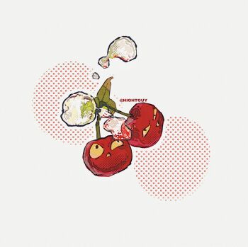 Rule 34 | air bubble, artist name, black eyes, bubble, cherry, cherry bomb (plants vs. zombies), clenched teeth, colored sclera, colored teeth, commentary, film grain, food, food focus, fruit, grey background, halftone, halftone background, highres, hightguy, leaf, looking up, no humans, plants vs. zombies, simple background, solo, symbol-only commentary, teeth, yellow sclera, yellow teeth