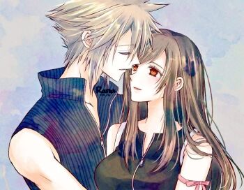 1boy 1girl arm_ribbon bare_shoulders black_hair black_vest blonde_hair breasts closed_eyes cloud_strife commentary_request couple face-to-face final_fantasy final_fantasy_vii final_fantasy_vii:_advent_children height_difference hetero large_breasts long_hair looking_at_another parted_lips popped_collar profile rana_(re_cis) red_eyes red_ribbon ribbed_shirt ribbon shirt short_hair sleeveless sleeveless_shirt spiked_hair swept_bangs tifa_lockhart upper_body vest zipper