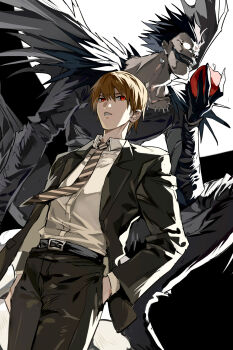 Rule 34 | 2boys, apple, black hair, black jacket, brown hair, collared shirt, cowboy shot, death note, diagonal-striped clothes, diagonal-striped necktie, food, fruit, grin, hand in pocket, hashtag-only commentary, highres, holding, holding food, holding fruit, jacket, male focus, multiple boys, necktie, open clothes, open jacket, parted lips, red eyes, ryuk, sharp teeth, shirt, short hair, smile, spiked hair, striped clothes, teeth, white background, white shirt, xi luo an ya, yagami light