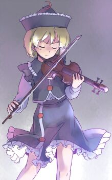 Rule 34 | 1girl, black hat, black skirt, black vest, blonde hair, bow (music), buttons, closed eyes, collared vest, commentary request, crescent, crescent hat ornament, feet out of frame, frilled hat, frilled vest collar, frills, frown, grey background, grey shirt, hat, hat ornament, holding, holding bow (music), holding instrument, holding violin, instrument, knees, light blush, long sleeves, lunasa prismriver, one-hour drawing challenge, petticoat, rangycrow, shirt, short hair, skirt, solo, split mouth, touhou, vest, violin