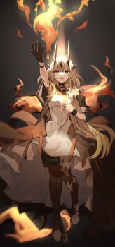 1girl :d absurdres ahoge arknights arm_up black_gloves black_pantyhose black_shirt blonde_hair commentary_request dress fire flower gloves glowing gomago_magoma grey_background grey_eyes hair_between_eyes hair_flower hair_ornament highres horns infection_monitor_(arknights) light_in_heart long_hair open_mouth outstretched_arm pantyhose partial_commentary reed_(arknights) reed_the_flame_shadow_(arknights) shirt shoes short_sleeves smile solo very_long_hair walking white_dress white_flower white_shoes wide_sleeves