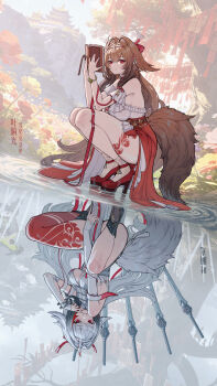 1girl absurdres animal_ears architecture armband bare_shoulders blush book bracelet breasts brown_hair brown_tail building china chinese_clothes chinese_commentary cleavage closed_mouth commentary_request day different_reflection droopy_ears dual_persona dutch_angle east_asian_architecture elbow_gloves fingerless_gloves floating floating_object floating_sword floating_weapon flower frilled_armband frilled_shirt frills from_side gloves grin hair_between_eyes hair_intakes hair_ornament hands_up headband high_heels highres holding holding_book huixing_chloy jewelry large_breasts large_tail leg_tattoo legs long_hair looking_at_viewer metal_bracelet mountain multicolored_hair multiple_swords official_alternate_costume open_book outdoors parted_lips planted planted_sword planted_weapon platform_heels red_eyes red_ribbon red_skirt red_streaks reflection reflective_liquid ribbon ripples see-through_cleavage see-through_clothes shirt sidelocks skirt sky sleeveless sleeveless_shirt smile squatting streaked_hair sword tail tassel tattoo thighs tree upside-down v very_long_hair water weapon white_gloves white_hair white_shirt white_tail ye_shunguang ye_shunguang_(touch_of_dawnlight) zenless_zone_zero