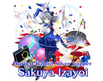 alternate_costume animal_ears ball bird blue_bow blue_footwear blue_jacket blue_pantyhose blue_skirt bow bowtie braid breasts character_name checkered_clothes checkered_floor checkered_legwear dove fake_animal_ears flower frilled_shirt frilled_skirt frills hair_bow hat holding holding_knife izayoi_sakuya izayoi_sakuya_(horned_rabbit_silver_juggler) jacket juggling juggling_club knife legs looking_at_viewer mini_hat mini_top_hat motion_lines official_art pantyhose pocket_watch purple_flower purple_rose rabbit_ears rabbit_tail rose shirt short_hair silver_hair skirt sleeveless sleeveless_jacket sleeveless_shirt smile sword table tail thighs throwing_knife top_hat touhou touhou_lostword transparent_background tutu twin_braids watch weapon white_shirt wrist_cuffs