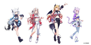 4girls :d animal_ears asymmetrical_clothes asymmetrical_sleeves black_pants black_shirt black_skirt boots cat_ears cat_girl cat_tail collared_shirt color-coded commentary_request company_name concert copyright_notice cropped_shirt demon_girl demon_horns demon_tail demon_wings detached_sleeves fox_ears fox_girl fox_tail full_body highres hololive hololive_idol_uniform_(color_rise) horns idol idol_clothes lace-up_boots long_hair looking_at_viewer midriff miniskirt mismatched_sleeves multicolored_shirt multiple_girls nakiri_ayame navel nekomata_okayu official_alternate_costume official_art oni open_mouth pants platform_boots pointy_ears puffy_detached_sleeves puffy_short_sleeves puffy_sleeves r1zen shirakami_fubuki shirt short_hair short_sleeves simple_background single_detached_sleeve single_pantsleg single_sleeve skin-covered_horns skirt smile standing tail thighhighs very_long_hair virtual_youtuber white_background white_shirt white_skirt white_thighhighs wings yuzuki_choco