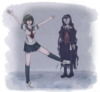 Rule 34 | 2girls, ahoge, arms up, axolotl-anne, black shoes, blue sailor collar, blue skirt, blue socks, blush, breast pocket, breasts, closed eyes, collarbone, collared shirt, commentary, danganronpa (series), danganronpa another episode: ultra despair girls, english commentary, eyelashes, fukawa toko, full body, glasses, green hair, hair ornament, hairclip, highres, kneehighs, long hair, long skirt, long sleeves, multiple girls, naegi komaru, neckerchief, necktie, opaque glasses, open mouth, outstretched arms, pocket, puddle, purple hair, purple serafuku, purple shirt, purple skirt, purple thighhighs, rain, red neckerchief, red necktie, ripples, round eyewear, sailor collar, school uniform, serafuku, shirt, shoes, short hair, short sleeves, skirt, smile, socks, spread arms, standing, standing on one leg, teeth, thighhighs, torn clothes, torn neckerchief, torn skirt, torn sleeve, upper teeth only, very long hair, wet, white sailor collar, white shirt, white shoes