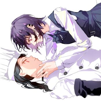 2girls black_dress black_hair blood bloody_tears chainsaw_man chef_hat closed_eyes collared_shirt dress earrings falling_devil_(chainsaw_man) fami_(chainsaw_man) fourth_east_high_school_uniform hat highres jacket jewelry multiple_girls pinafore_dress purple_eyes purple_hair school_uniform shirt sideways simple_background sleeveless sleeveless_dress white_background white_jacket yijiao_wuran yuri