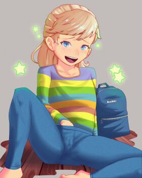 1girl :d absurdres anikki backpack bag barefoot blonde_hair blue_bag blue_eyes blue_pants blue_shirt blush clothed_masturbation commentary commentary_request english_commentary female_masturbation green_shirt grey_background hand_in_pants highres implied_masturbation inside_out loli long_hair masturbation mixed-language_commentary multicolored_shirt open_mouth orange_shirt paid_reward_available pants purple_shirt red_shirt riley_andersen shirt sitting smile solo star_(symbol) striped_clothes striped_shirt sweatpants unworn_backpack unworn_bag yellow_shirt
