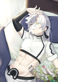 Rule 34 | 1boy, abs, absurdres, arm up, arm warmers, black arm warmers, claws, closed eyes, commentary request, covered collarbone, covered pectorals, crop top, cropped shirt, dracotail lukias, dracotail pan, dragon, dragon boy, dragon tail, duel monster, ear covers, earrings, eastern dragon tail, fur-trimmed sleeves, fur trim, groin, hair between eyes, hakama, highres, indoors, japanese clothes, jewelry, long hair, looking up, lying, male focus, midriff, navel, on back, on bed, one eye closed, parted bangs, pectorals, pillow, shirt, short sleeves, sidelocks, sleeping, solo focus, tail, tassel, tassel earrings, tongue, tongue out, wa tsuji, white hakama, white shirt, window shadow, yellow eyes, yu-gi-oh!