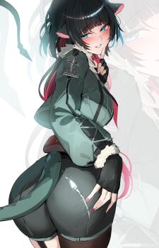 1girl absurdres animal_ears ass black_gloves black_hair black_pantyhose black_shorts blush breasts commentary_request fingerless_gloves from_behind fur-trimmed_jacket fur_trim gloves green_eyes green_jacket hana_hebi highres jacket jane_doe_(zenless_zone_zero) long_hair looking_at_viewer medium_breasts mouse_ears mouse_girl mouse_tail multicolored_hair pantyhose red_hair shorts solo tail two-tone_hair very_long_hair white_background zenless_zone_zero zoom_layer
