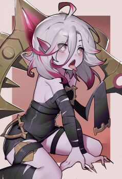 Rule 34 | 1girl, ahoge, black nails, breasts, briar (league of legends), colored sclera, colored skin, eucalyptus (zrnf5228), fingernails, grey hair, hair between eyes, highres, league of legends, long hair, looking ahead, multicolored hair, open mouth, pink hair, pointy ears, red sclera, sharp fingernails, sharp teeth, sideboob, sidelocks, simple background, sitting, solo, streaked hair, teeth, tongue, tongue out, two-tone hair, vampire, white eyes