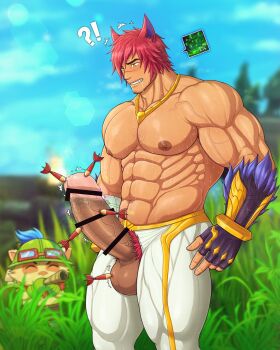 2boys abs absurdres animal_ears armpit_hair armpits bar_censor bara biceps blood blurry blurry_background bush censored chest_hair cloud cloudy_sky coco342 dart erection fingerless_gloves gauntlets gloves goggles grass guro hat highres huge_penis jewelry large_pectorals league_of_legends male_focus manly mature_male multiple_boys muscular muscular_arms muscular_legs muscular_male navel navel_hair necklace nipple_piercing nipples outdoors pants pectorals penis piercing pubic_hair red_hair scar scar_on_face scar_on_nose sett_(league_of_legends) sky spiked_hair sunlight sweat sweatdrop teemo teeth testicles thick_eyebrows thighs tight_clothes veins veiny_arms veiny_penis yellow_eyes