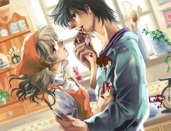 Rule 34 | 1boy, 1girl, apron, black hair, blue eyes, blue shirt, blush, chocolate, chocolate on face, commentary request, couple, food, food on face, from side, green eyes, grey hair, hand grab, hand on another's arm, headscarf, hetero, holding, holding whisk, indoors, kitchen, licking another's finger, long sleeves, looking at another, medium hair, mixing bowl, nail polish, nao70110, orange apron, original, parted lips, pink nails, plant, potted plant, profile, red headscarf, scales, shelf, shirt, short hair, stuffed animal, stuffed rabbit, stuffed toy, turtleneck, turtleneck shirt, whisk, white shirt, window