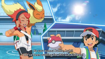 1boy 1girl ash_ketchum black_hairband clenched_hand day fake_screenshot flareon fletchling gen_1_pokemon gen_6_pokemon hairband highres holding holding_poke_ball jacket nintendo open_mouth orange_jacket outdoors poke_ball poke_ball_(basic) pokemon pokemon_(anime) pokemon_(creature) pokemon_journeys pokemon_masters_ex red_hair smile thsinaz tina_(pokemon)