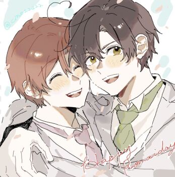 2boys ahoge artist_name axis_powers_hetalia blush brothers brown_hair cino22222 closed_eyes collared_shirt commentary_request confetti english_text formal_clothes gloves green_necktie grey_jacket hair_between_eyes hand_on_another's_shoulder hand_up happy jacket lapels long_sleeves looking_at_viewer male_focus multiple_boys necktie northern_italy_(hetalia) open_mouth orange_hair purple_necktie shirt short_hair siblings simple_background smile southern_italy_(hetalia) suit suit_jacket teeth tongue twins upper_body v-shaped_eyebrows white_background white_gloves white_shirt yellow_eyes