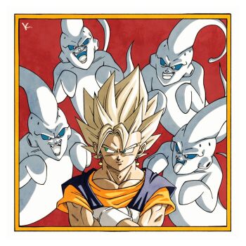 5boys blonde_hair blue_shirt border commentary_request dragon_ball dragonball_z ghost gloves group_picture highres kakeru_(dbskakeru) majin_buu male_focus medium_hair multiple_boys muscular muscular_male orange_shirt red_background shirt spiked_hair super_buu super_saiyan super_saiyan_1 upper_body vegetto white_border white_gloves