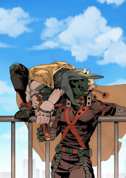 2boys absurdres against_railing arm_rest bakugou_katsuki belt black_pants blonde_hair blue_sky blurry blurry_background boku_no_hero_academia boots buckle can cape cloud cloudy_sky commentary_request covered_pectorals cowl day drink_can explosive floating_cape gloves green_gloves green_hair grenade hands_up highres holding holding_can kiss male_focus midoriya_izuku multicolored_gloves multiple_boys nebikkurishita on_railing orange_gloves outstretched_arm pants partial_commentary pectorals railing short_hair single_horizontal_stripe sky snap-fit_buckle soda_can squatting standing tight_clothes two-sided_gloves two-tone_gloves white_gloves wrist_guards x_(symbol) yaoi yellow_cape